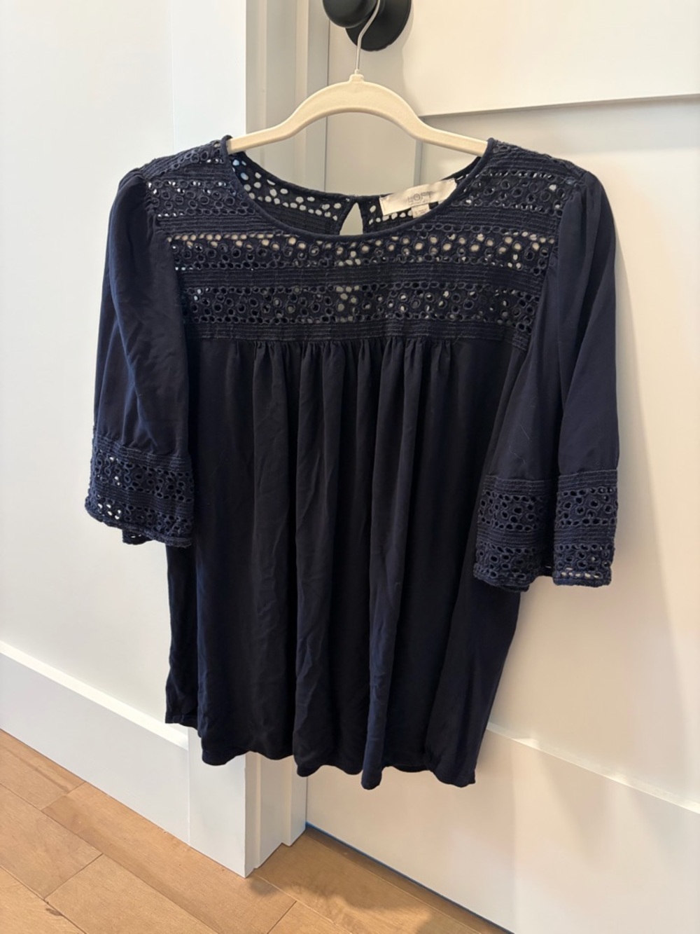 LOFT Navy Crochet Yoke Peasant Top